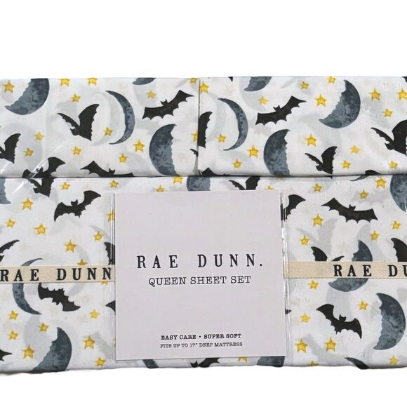 Rae Dunn Queen Sheet Set Spooky Bats Moon Stars Festive Witchy Decor NEW 2024 - Picture 1 of 7